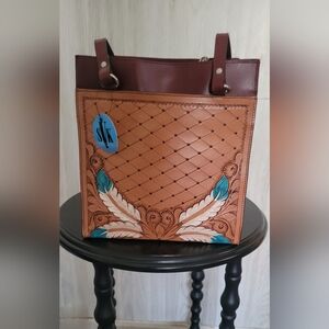 NWT Calf Skin Western Tan & Mahogany/Burgundy Tote Handbag Purse